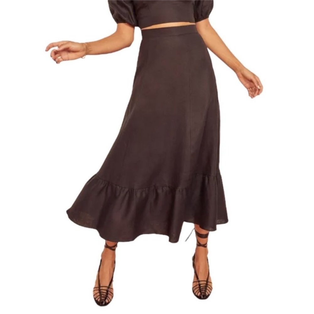 Reformation cotton Yucca Black Linen Ruffle Hem Midi Skirt